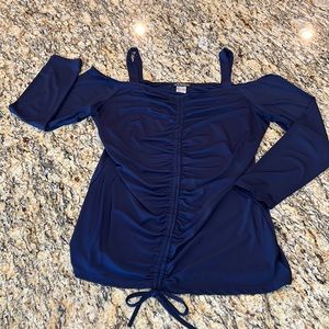 Ruched navy blue “off the shoulder” blouse